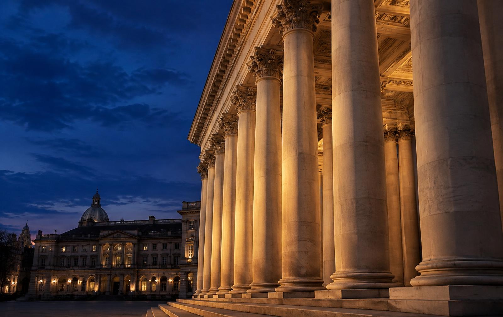Colonnato di un palazzo di giustizia al crepuscolo